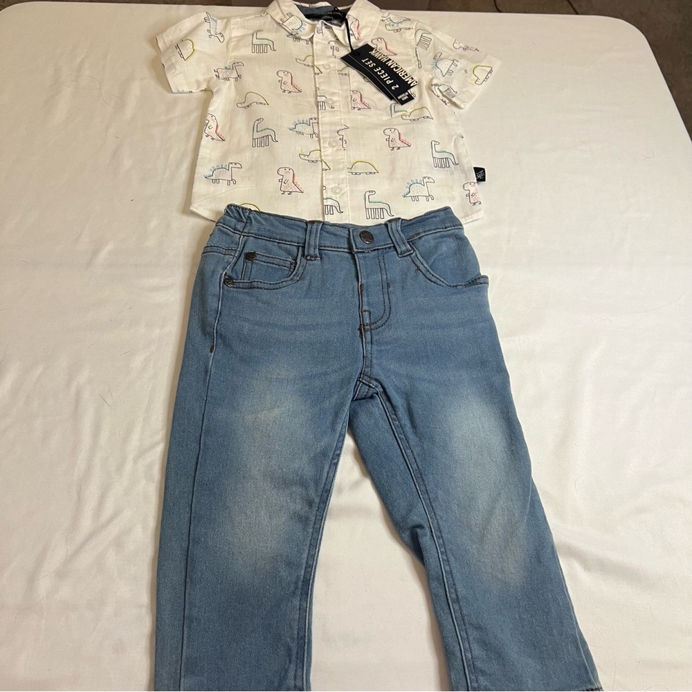 NWT American Hawk Toddler Dinosaur Button Up Shirt & Jeans‎ Outfit Set 18M - Picture 2 of 6
